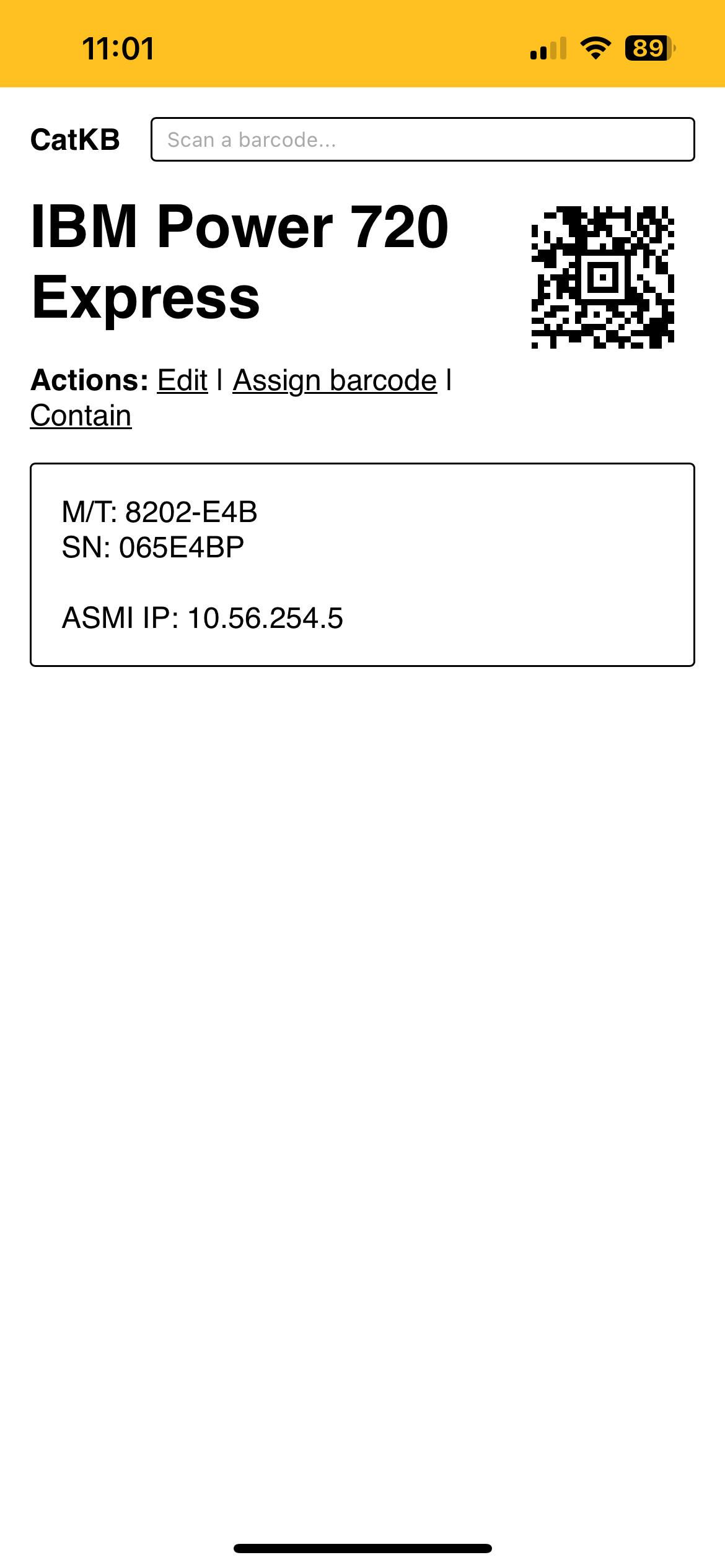 screenshot of CatKB showing a "project" description for an IBM Power 720 Express server