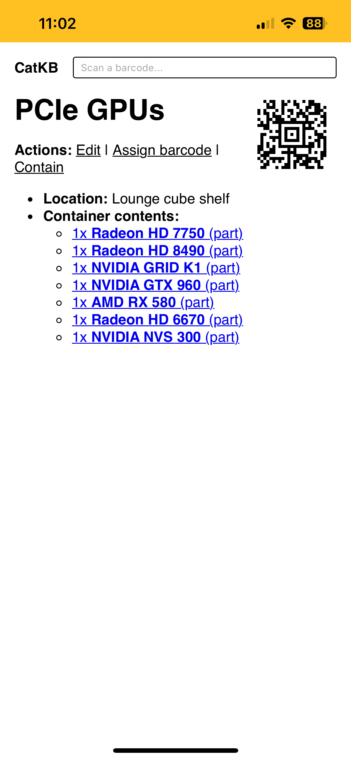 screenshot of CatKB showing a list of items in a container named "PCIe GPUs"